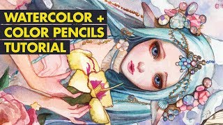 WATERCOLOR  COLOR PENCILS TUTORIAL  Painting Process of Nephele [upl. by Briny82]