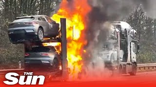 Several electric cars go up in FLAMES while being transported by truck shorts [upl. by Negem]