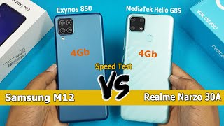 Samsung Galaxy M12 Vs Realme Narzo 30A Speed Test  Exynos 850 vs MediaTek Helio G85  4Gb [upl. by Uba]