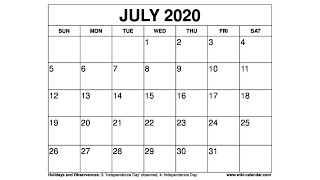 Free Printable July 2020 Calendar  WikiCalendarCom [upl. by Henryk]