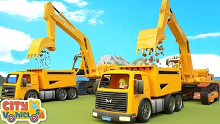 Construction vehicles rebuild new bridge ExcavatorBulldozer crane truck and loader for kids [upl. by Laohcin]