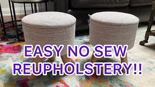 DIY No Sew Reupholstery—HOW TO recover a footstool [upl. by Hedveh95]