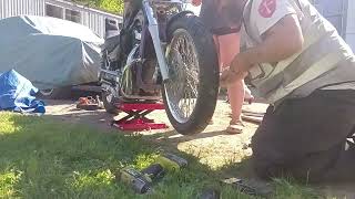 Part 3 Motorcycle Tire Replacement On Suzuki Boulevard Rim Install [upl. by Ha]