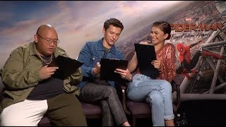 Tom Holland Zendaya and Jacob Batalon draw each other  Cineworld Interview [upl. by Ivzt]