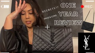 YVES SAINT LAURENT MEDIUM YSL ENVELOPE BAG ONE YEAR REVIEW  PROS amp CONS  BLACK ON BLACK YSL BAG 🖤 [upl. by Sixel947]