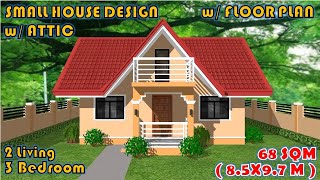 SMALL CONCRETE HOUSE DESIGN with ATTIC  3 BEDROOMS  68 SQM [upl. by Magree838]