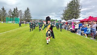 Drum Major leads Huntly Pipe Band playing Hills of Argyll on march at 2024 Dufftown Highland Games [upl. by Aiekat]