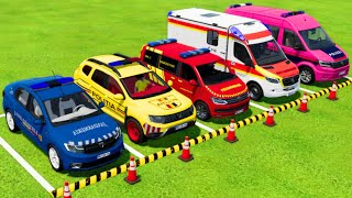 DACIA VOLKSWAGEN POLICE CARS amp MERCEDES AMBULANCE EMERGENCY VEHICLE TRANSPORTING WITH TRUCKS  FS22 [upl. by Dombrowski129]