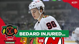 Connor Bedard INJURED in Blackhawks HardFought Loss vs Devils  CHGO Blackhawks Postgame [upl. by Hannej]