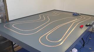 Scalextric slot car track layout  demo race  2 lanes reversible driving routed mdf wooden layout [upl. by Lilly949]