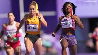 WATCH ShaCarri Richardson saves US womens 4x100m relay from collapse at Paris Olympics [upl. by Aniuqal]