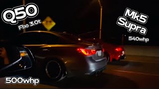 500whp fbo E85 Tune Q50 30t VS 2020 Toyota MK5 Supra  FBO E85 tune  E60 740whp Z1 Turbo Q50 30t [upl. by Bevers]