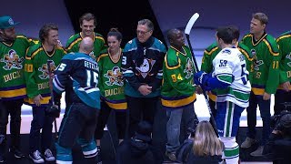 Cast of The Mighty Ducks drop ceremonial puck in Anaheim [upl. by Eylrahc686]