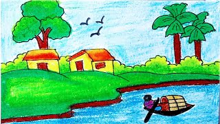 গ্রামের দৃশ্য আকাঁ  River Side Drawing  Landscape village Scenery Drawing  Gramer Drissho Draw [upl. by Enasus940]