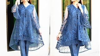 Designer high low tail style open fancy net frock design with cutting and stitching method 2021 [upl. by Yeliak]