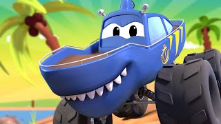 Monster Town MONSTER TRUCK SHARK TRUCK amp the MONSTER TRUCK TOW TRUCK are Racing  Car City Video [upl. by Haslam]