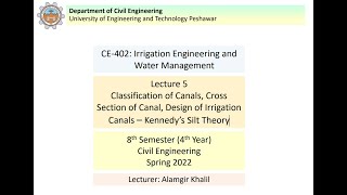 Lecture 05Irrigation EngineeringClassificationCrosssection and design of irrigation canal [upl. by Heyman]