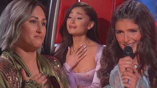 The Voice Ariana Grande CHOKES UP Over Two Singers [upl. by Sharity107]