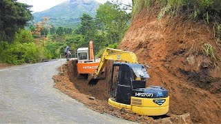 Mini Excavators Digging Cutting The Sharp Curve Road To Make It Wider [upl. by Suirad]