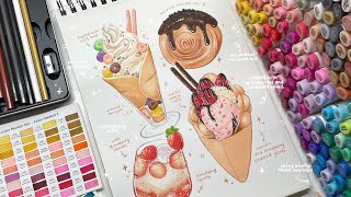 draw with me  sweet desserts illustrations🍓🥐🍦 using alcoholbased markers and colored pencils ₊˚✧ [upl. by Hooge]