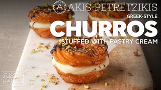 GreekStyle Churros Stuffed with Pastry Cream  Akis Petretzikis [upl. by Nevek]