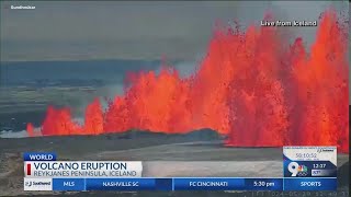 An Iceland volcano starts erupting again spewing lava into the sky [upl. by Doria]