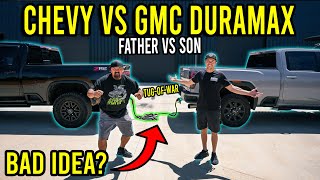 2024 GMC AT4 Duramax VS 2024 Chevy ZR2 Duramax  Father VS Son Tug Of War [upl. by Sayres]