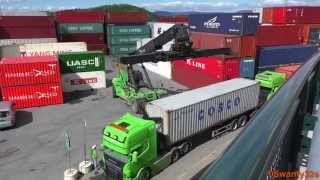 SMV 4535 TB5 Reach Stacker Unloads Containers From Trucks [upl. by Anirbac]