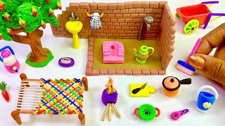 DIY How to make polymer clay miniature Village House Washroom Set Kitchen Set Tree Charpai [upl. by Etiuqal100]