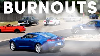 MUSCLE CARS DOING BURNOUTS WHILE LEAVING A CAR SHOW [upl. by Ev]