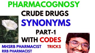 PHARMACOGNOSY DRUGS  SYNONYMS  with CODES  MHSRB PHARMACIST  RRB PHARMACIST  exitexam [upl. by Anerb699]