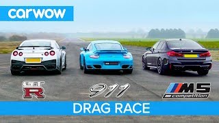 Nissan GTR vs Porsche 911 Turbo vs BMW M5 Comp  £100K DRAG RACE ROLLING RACE amp BRAKE TEST [upl. by Ycnaffit]