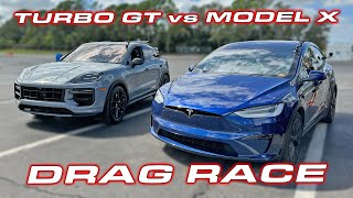 WE TRIED TO MAKE IT FAIR  Cayenne Turbo GT vs Tesla Model X Plaid 14 Mile Drag Race [upl. by Rebna947]