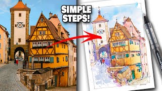 URBAN SKETCHING Tutorial Rothenburg  Simple StepbyStep For Beginners [upl. by Ahter427]