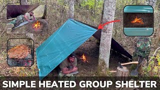 Solo Overnight Building a Simple Heated Group Shelter in the Woods and Campfire Ribeye Steak [upl. by Faulkner74]