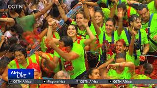 Thousands of revellers attending the La Tomatina festival in Spain engage in epic food fight [upl. by Lindemann450]