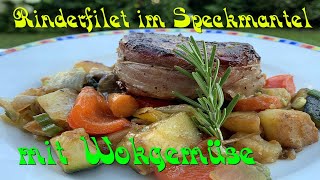 Rinderfilet im Speckmantel mit Wokgemüse [upl. by Ynnal920]