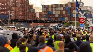 Port workers strike on both sides of the border in potentially crippling job action [upl. by Ahseuqal]