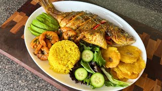 Delicious Baked Snapper Pepper Shrimp Rice and Tostones Meal [upl. by Ariaek]