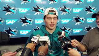 Macklin Celebrini Postgame Sharks vs Blue Jackes NHL 11524 [upl. by Zerk]