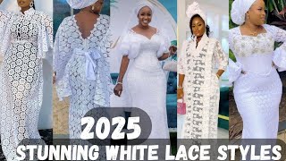 WOW 😳 STUNNING WHITE LACE STYLES YOU CAN ROCKIN 2025RICH AUNTY WHITE LACE KAFTANS AND BOUBOUS [upl. by Rayna]