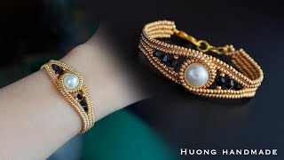 Twisted herringbone beaded bracelet How to make pearl bracelet Beading tutorial [upl. by Scrivings]