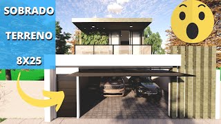 ✅PLANTA DE CASA TIPO SOBRADO COM 4 QUARTOS E VARANDA PARA TERRENO 8X25 MODERNO CONCEITO ABERTO✅ [upl. by Aisirtap]