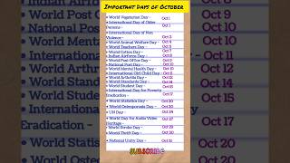 Important Days of October National and International Days October Days generalknowledge gk [upl. by Pernell]