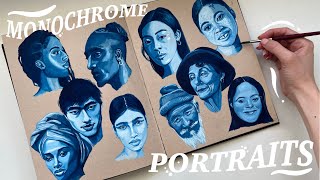 painting gouache portraits 💙 how I improved my portrait painting with monochrome studies [upl. by Nitsua]