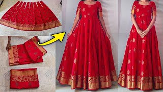 Anarkali dress cutting amp stitching easily   Convert saree into long gownfrockdress  Saree reuse [upl. by Matheny]