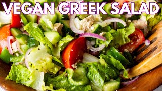 Fresh Greek Salad with Vegan Tofu Feta Cheese Recipe amp WFPB OilFree Greek Dressing  Very Veganish [upl. by Graner]