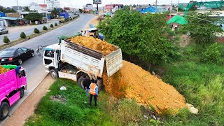 Nice Showing Action Machinery Working Land filling Bulldozer KOMATSU D31P Dump Truck unloading [upl. by Eseyt]