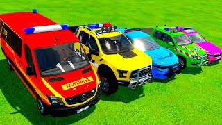 TRANSPORTING FIVE COLOR MERCEDES FORD MUSTANG VOLKSWAGEN BMW POLICE   Farming Simulator 22 [upl. by Iralav]