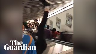 Escalator speeds up and collapses in Rome injuring football fans [upl. by Ahsead]